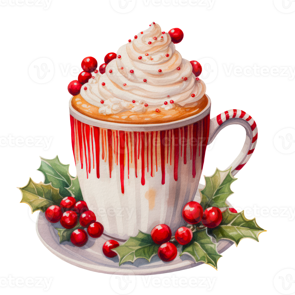 Christmas cup with drink in watercolor. AI Generative png