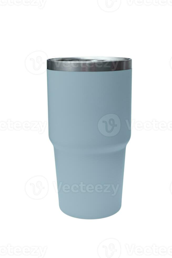 Big modern crystal blue thermos bottle isolated on white. Reusable concept. photo