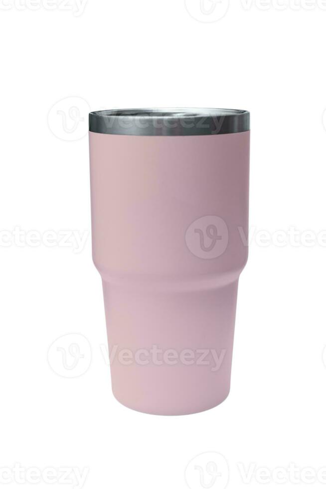 Big modern light pink thermos bottle isolated on white. Reusable concept. photo