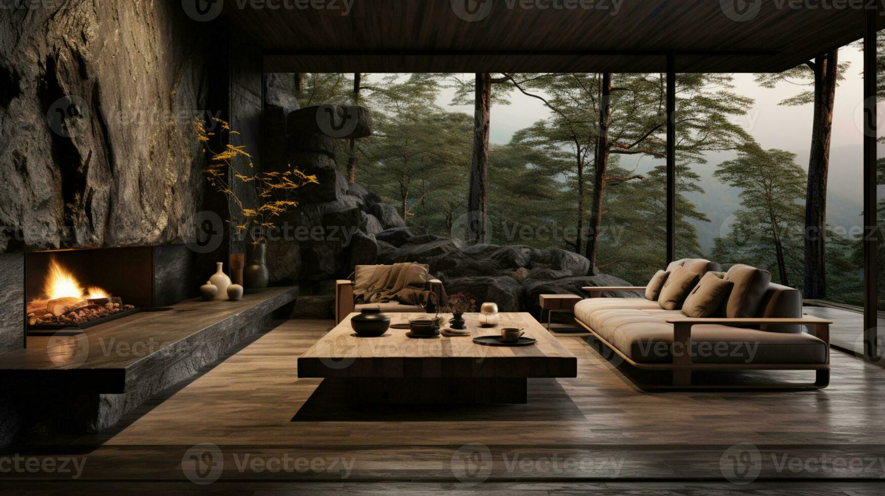 Interior Design, Living room with serene nature view, Beautiful mansion design in the forest, AI Generative photo