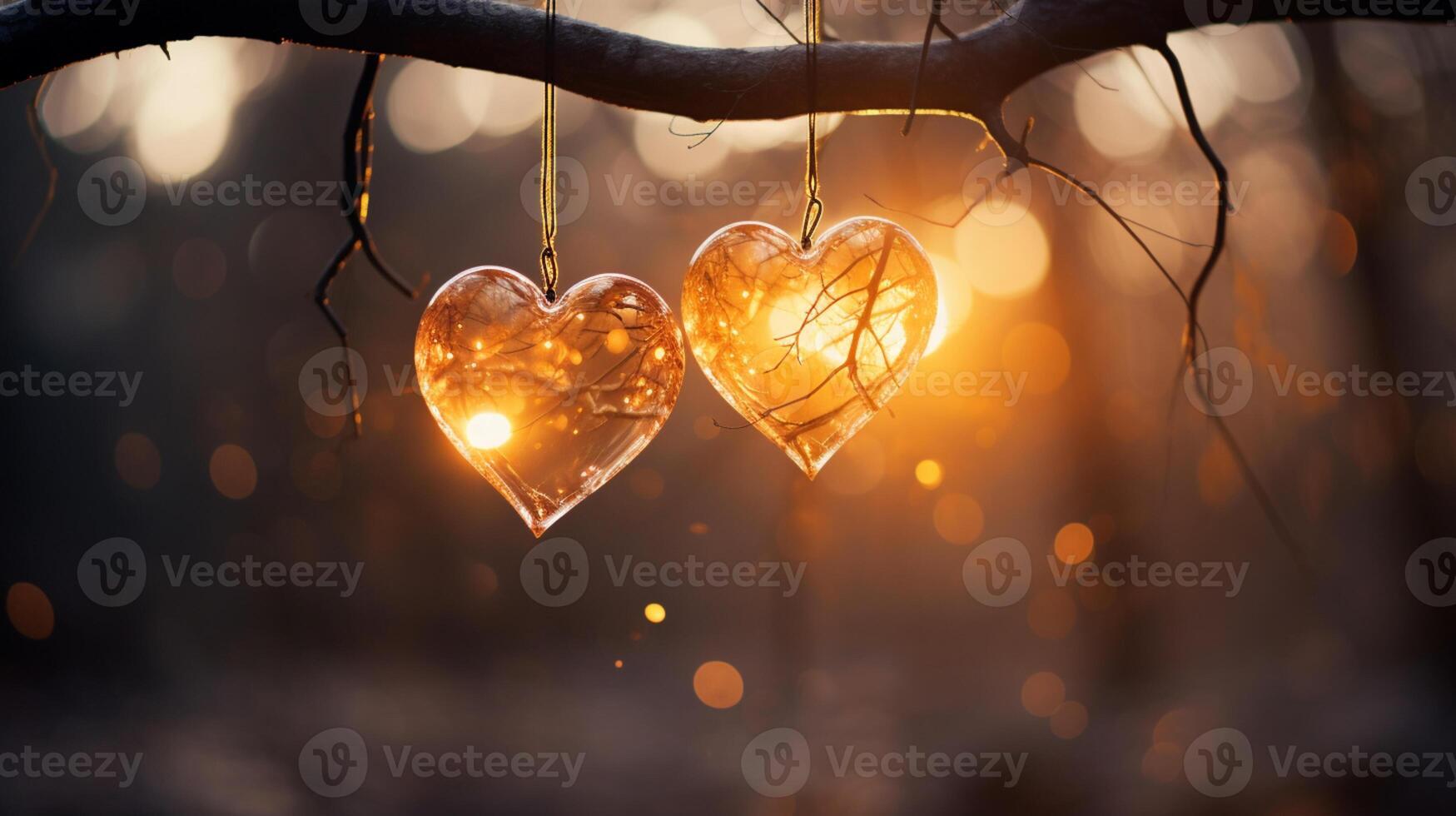 Sparkle Glowing Heart reflected lights, orange and gold, captivating visual, Romantic scenery, dreamy, copy space, greeting card, AI Generative photo