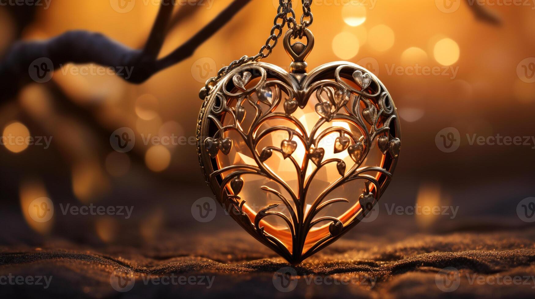 Sparkle Glowing Heart reflected lights, orange and gold, captivating visual, Romantic scenery, dreamy, copy space, greeting card, AI Generative photo