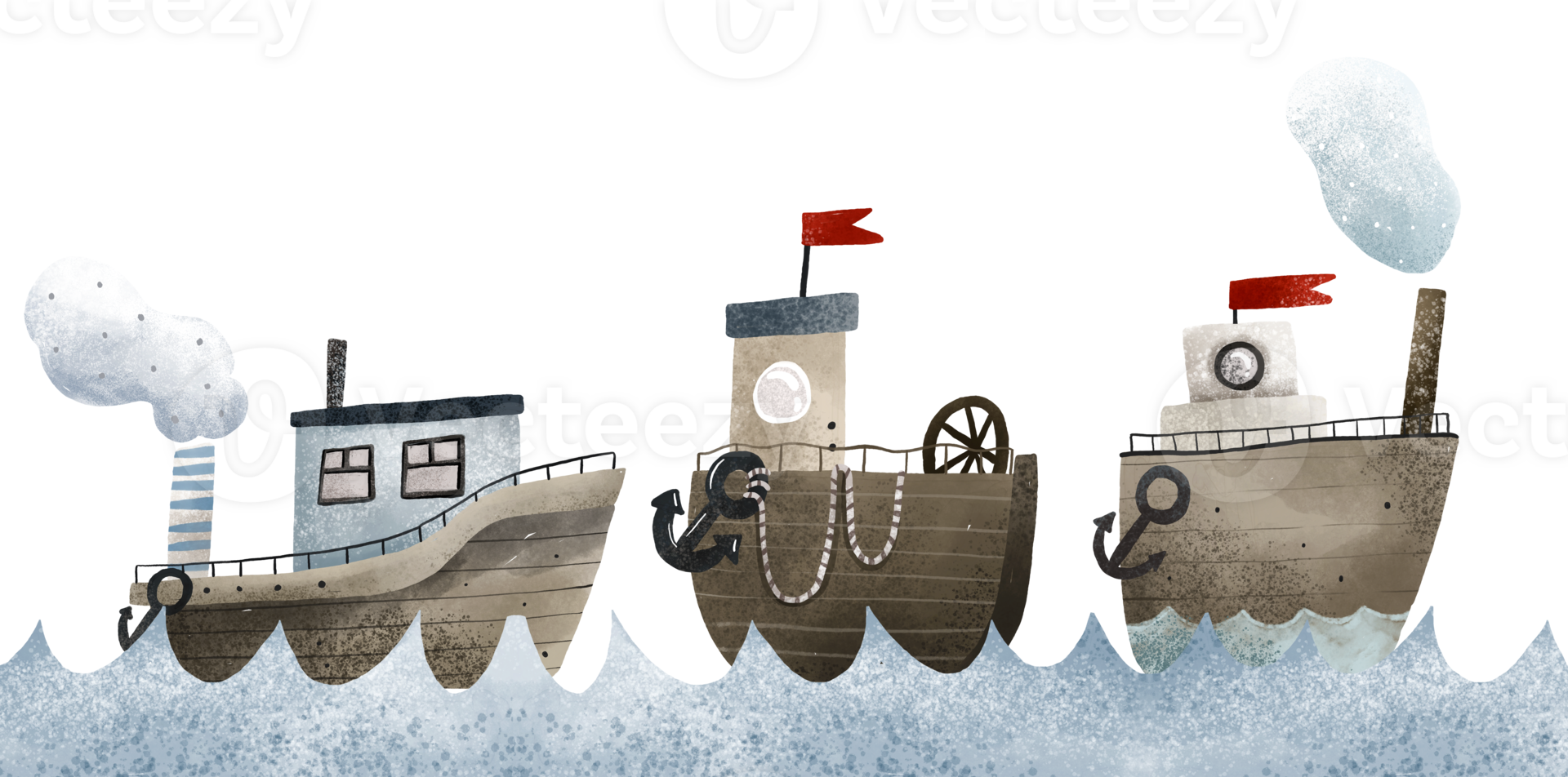 Ships, steamships with smoke from their chimneys, sailboats, yachts