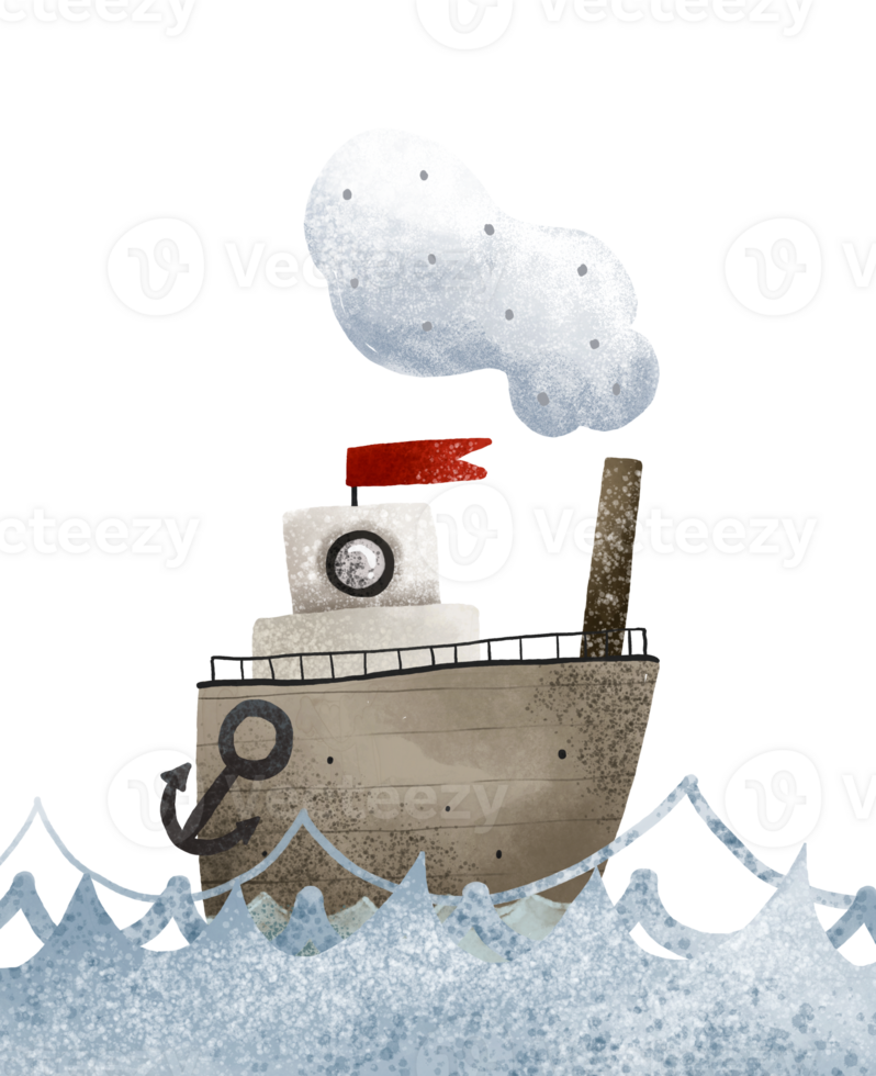 A wooden steamship with an anchor floats on the blue sea. Picture for boys. Hand drawn illustration, isolated design for print, textile, stickers png