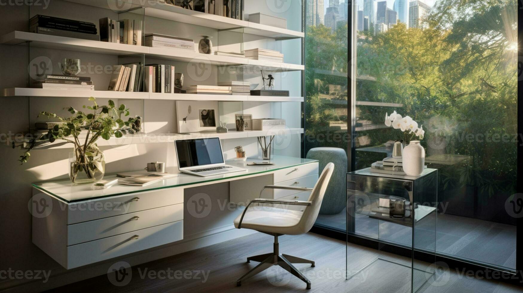 Contemporary furnished home office, comfortable office, workspace with desk and chair, stylish interior design, AI Generative photo