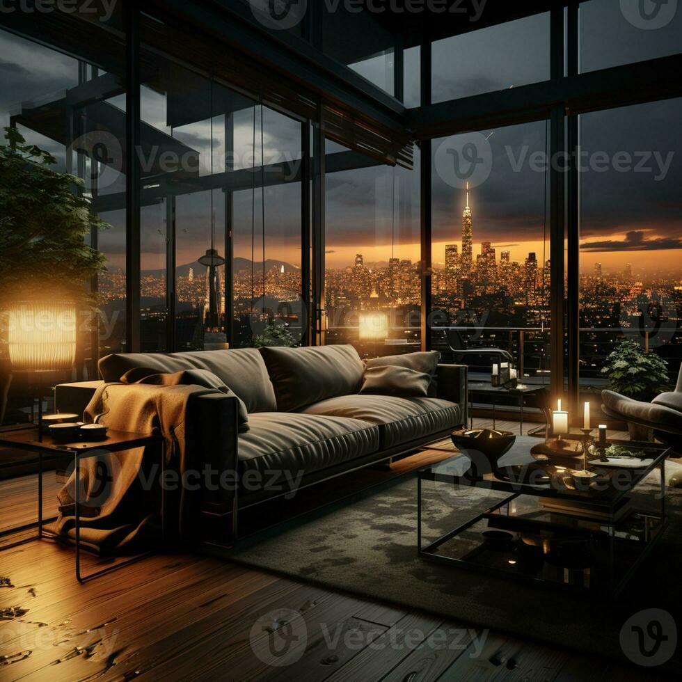 Interior Design modern Living room, windows show stunning view of the city skyline, Empty room apartment, AI Generative photo