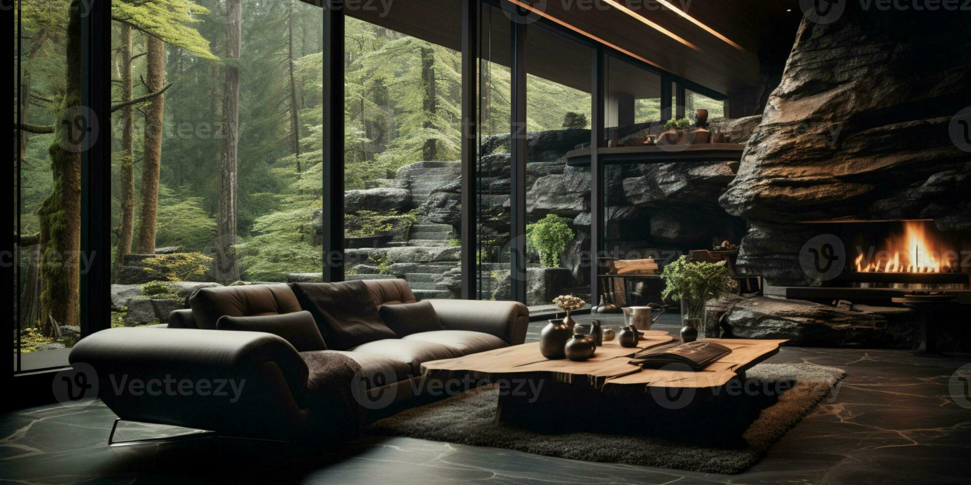 Interior Design, Living room with serene nature view, Beautiful mansion design in the forest, AI Generative photo