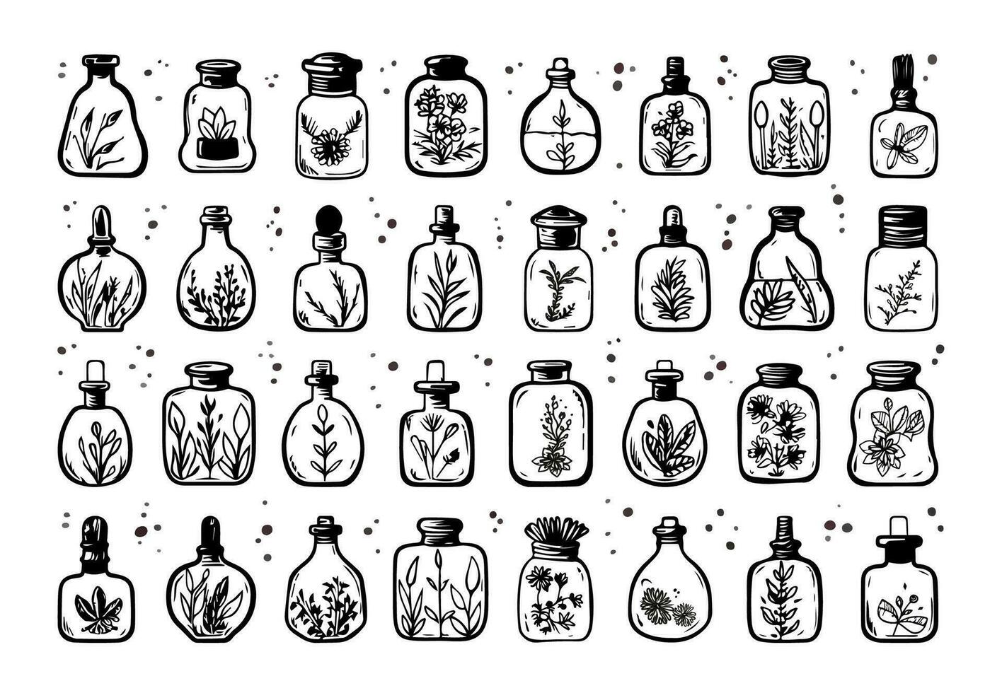 Doodle set of essential oils editable icons, isolated on white background, home fragrance, aromatherapy concept vector