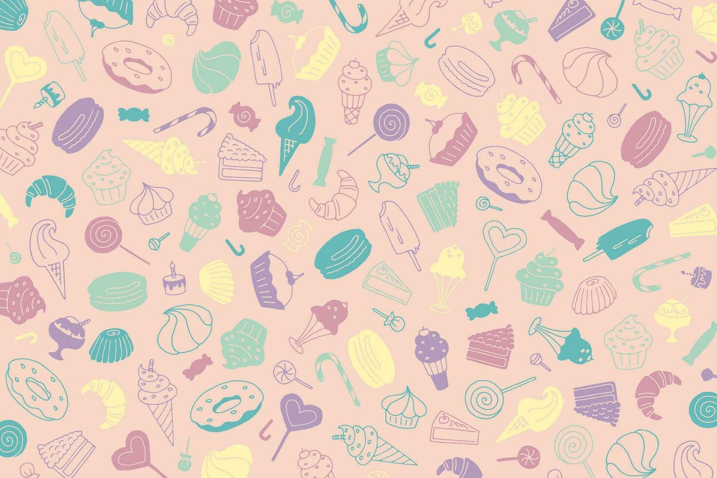 Light pink sweets background. Editable doodle illustration of muffins, cakes, candies, cupcakes, ice cream, lollipops vector