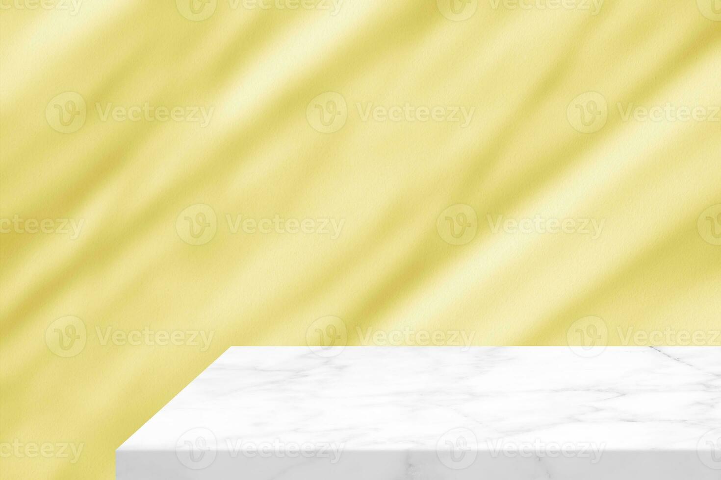 Minimal White Marble Table Corner with Shadow and Warm Light Beam on Concrete Wall Background, Suitable for Product Presentation Backdrop, Display, and Mock up. photo