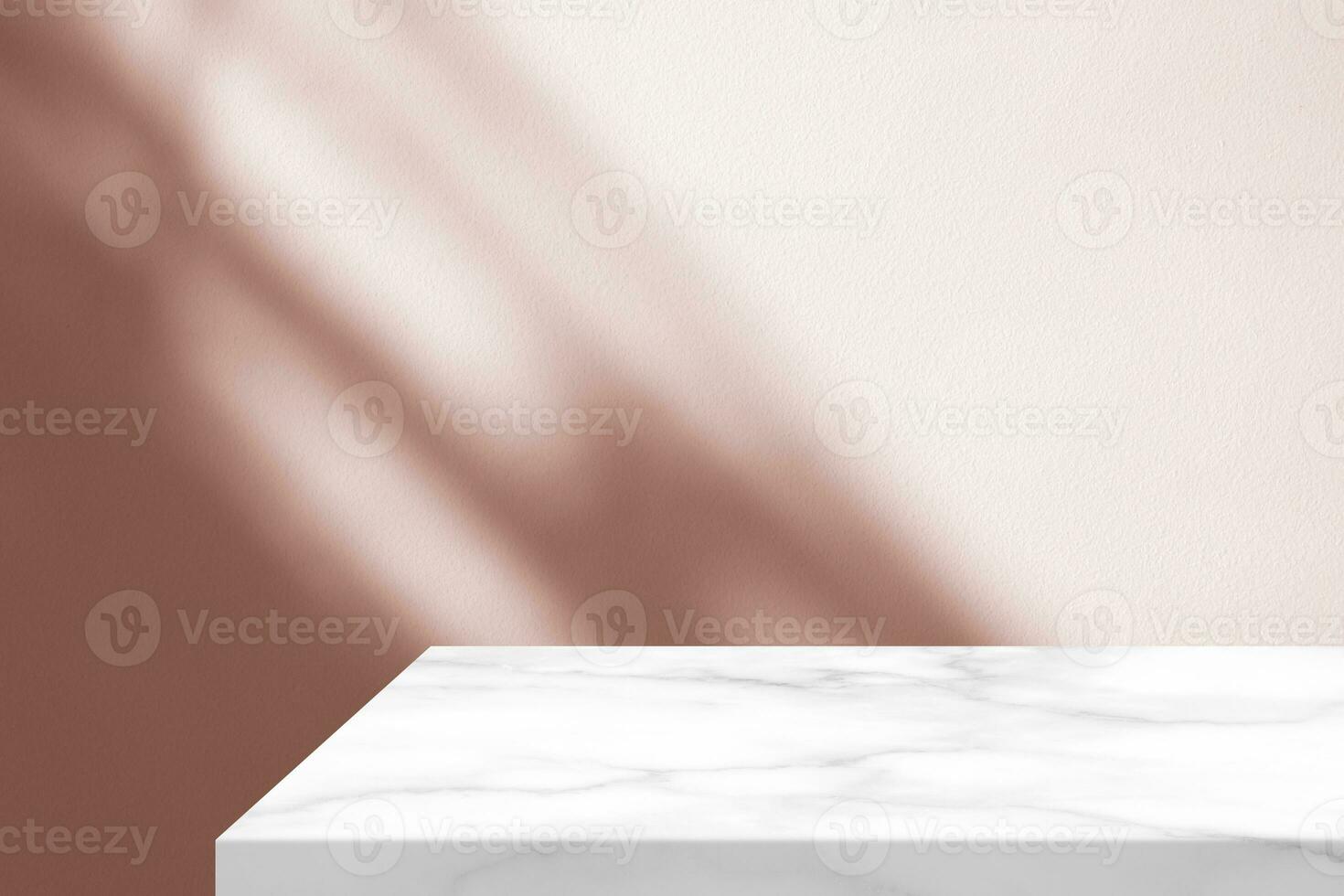 Minimal White Marble Table Corner with Shadow and Pink Light Beam on Concrete Wall Background, Suitable for Product Presentation Backdrop, Display, and Mock up. photo