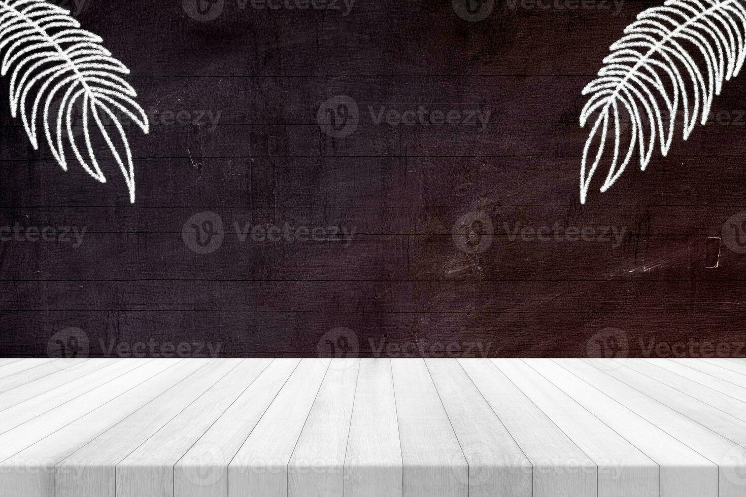 Wood Table with Minimal Coconut Leaves in Chalk Drawing Style on Grunge Chalkboard Background, Suitable for Product Presentation Backdrop, Display, and Mock up. photo