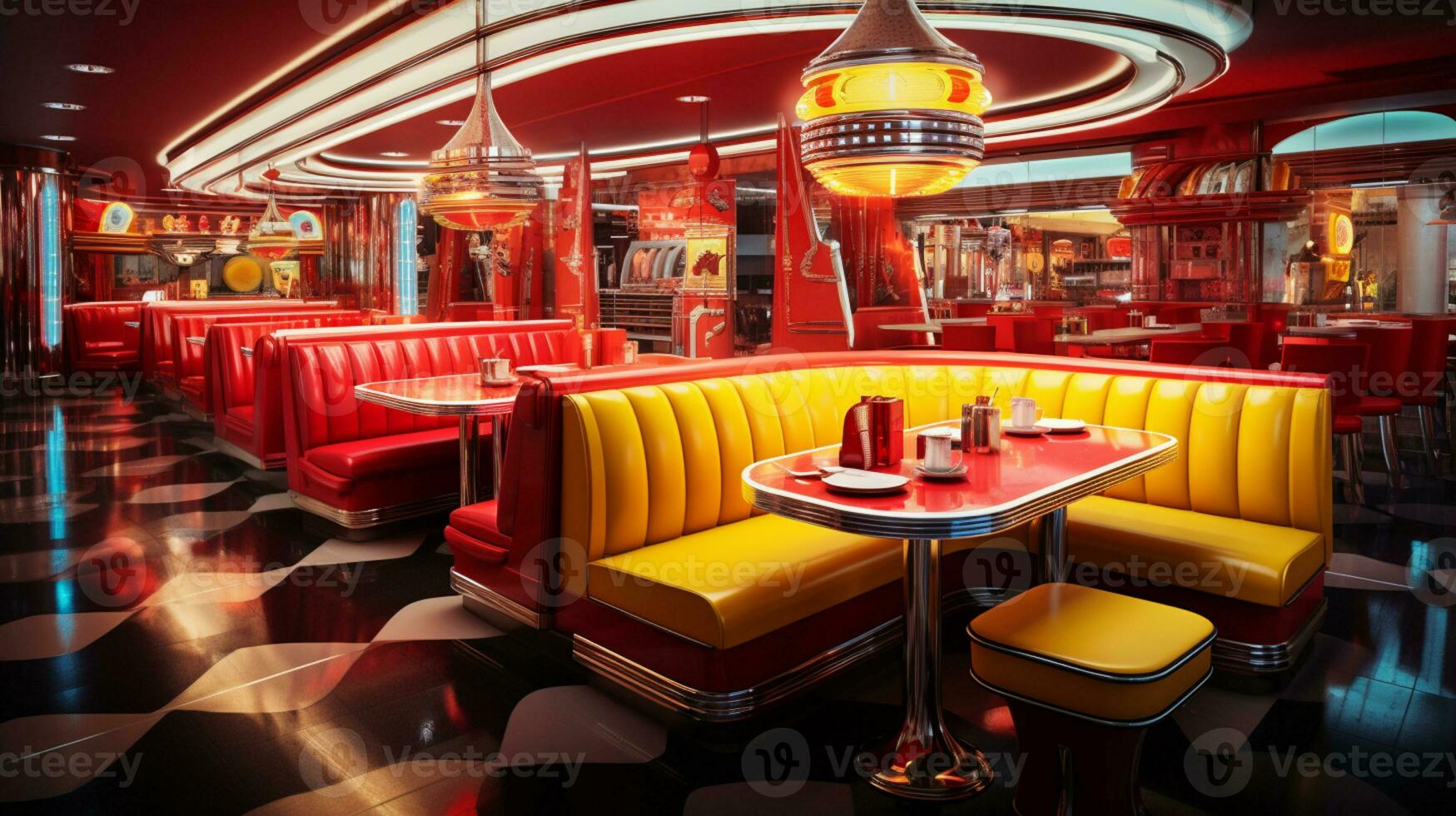 Retro vintage diner restaurant, interior design, stylish old fashioned design concept, AI Generative photo