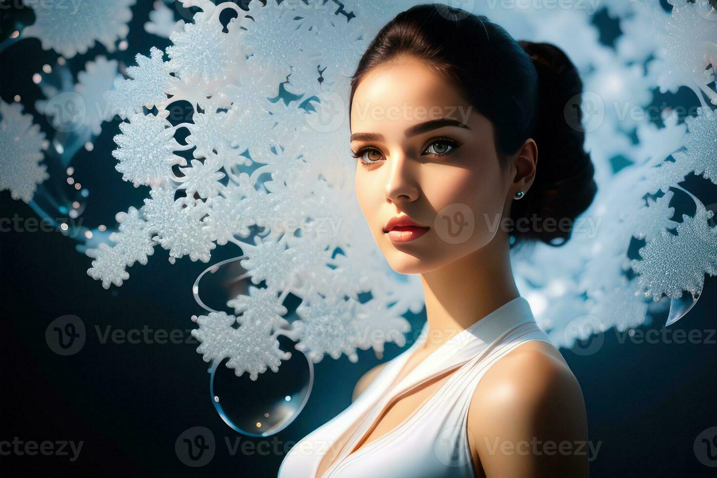 Beauty digital art portrait of young woman with makeup against the background of ice patterns. Generative AI photo