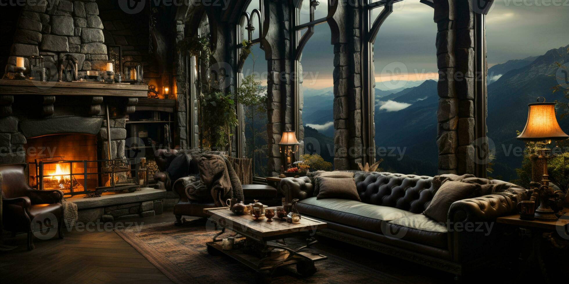 Interior Design, Beautiful Living room Gothic Style, Luxury Mansion, Elegant tall window, AI Generative photo