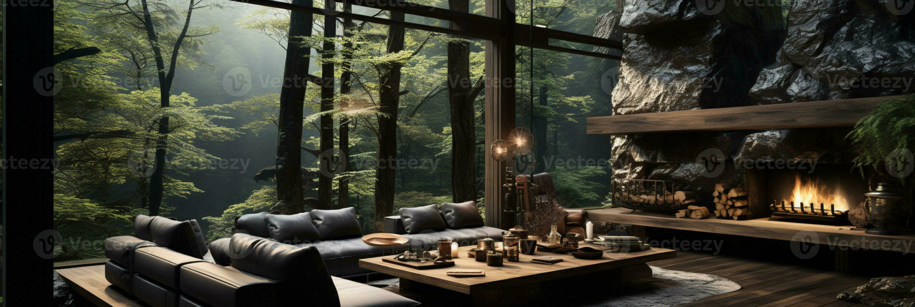 Interior Design, Living room with serene nature view, Beautiful mansion design in the forest, AI Generative photo