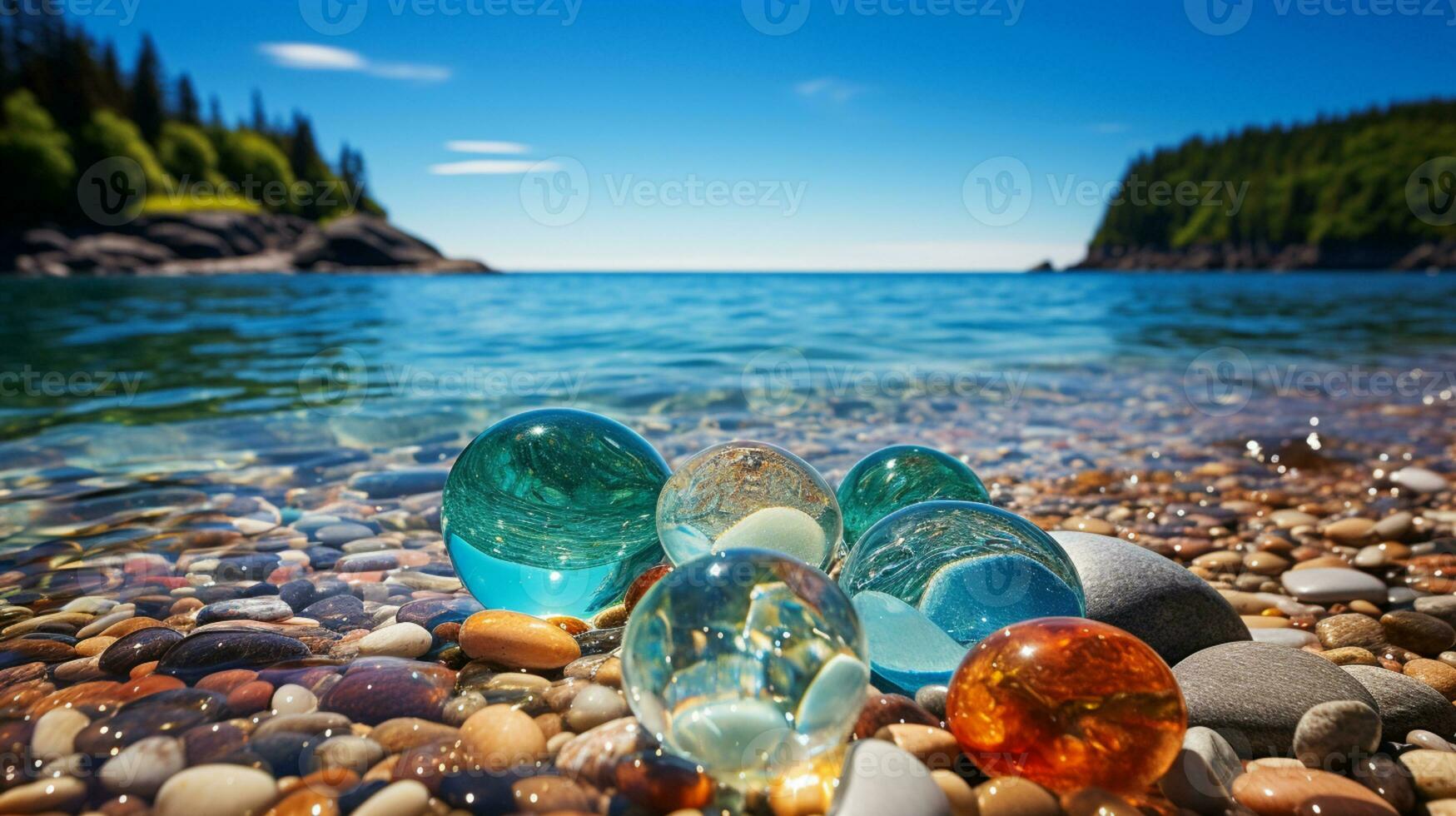 Beautiful Glass Beach, colorful pebbles, Fantasy seascape, dreamy atmosphere, AI Generative photo