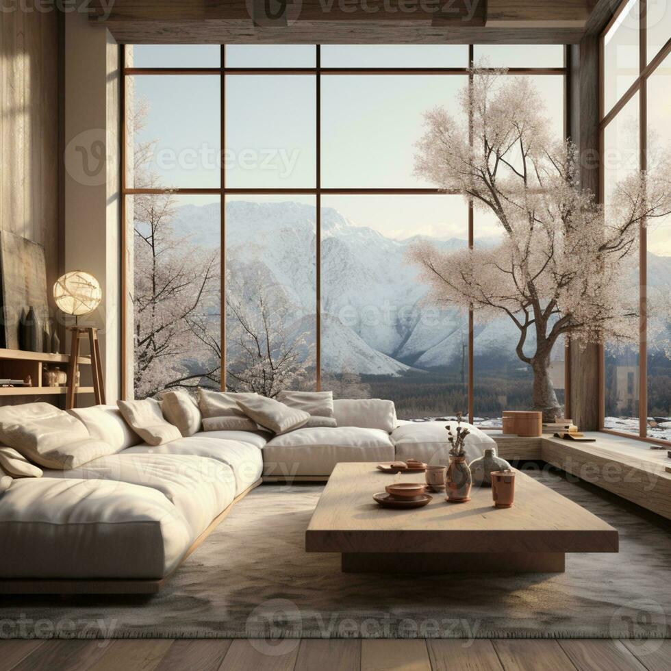 Interior Design, Minimalistic Living room with serene nature view, Beautiful villa design in the forest, AI Generative photo