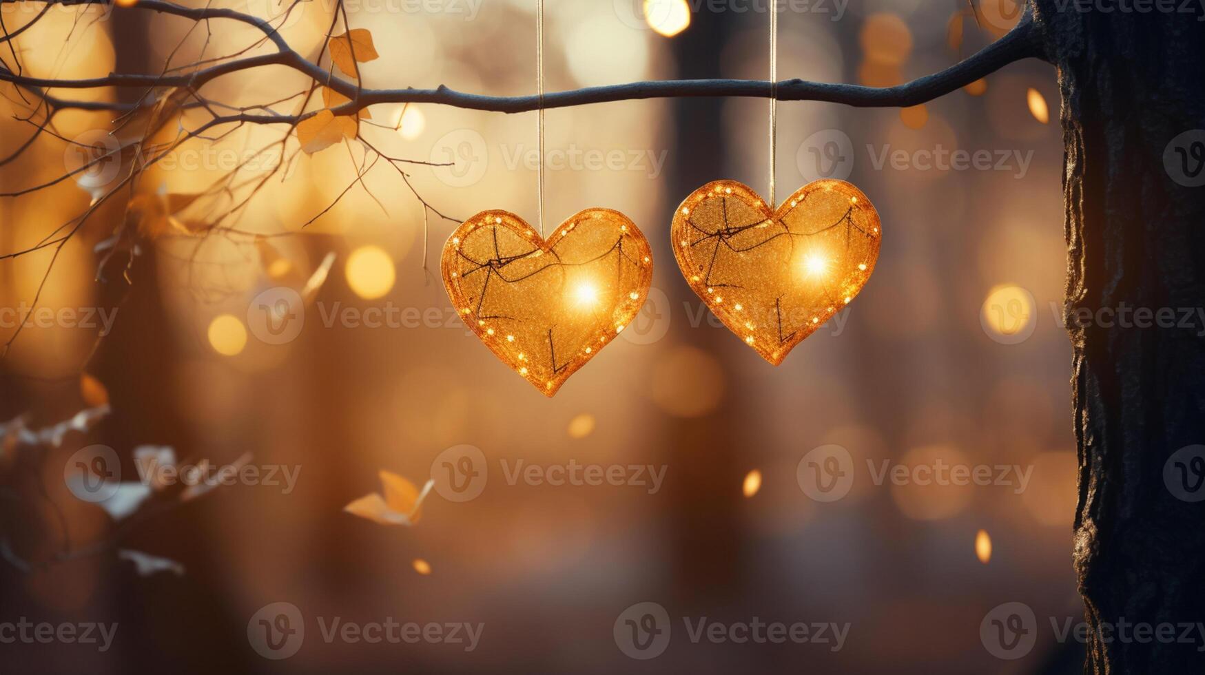 Sparkle Glowing Heart reflected lights, orange and gold, captivating visual, Romantic scenery, dreamy, copy space, greeting card, AI Generative photo