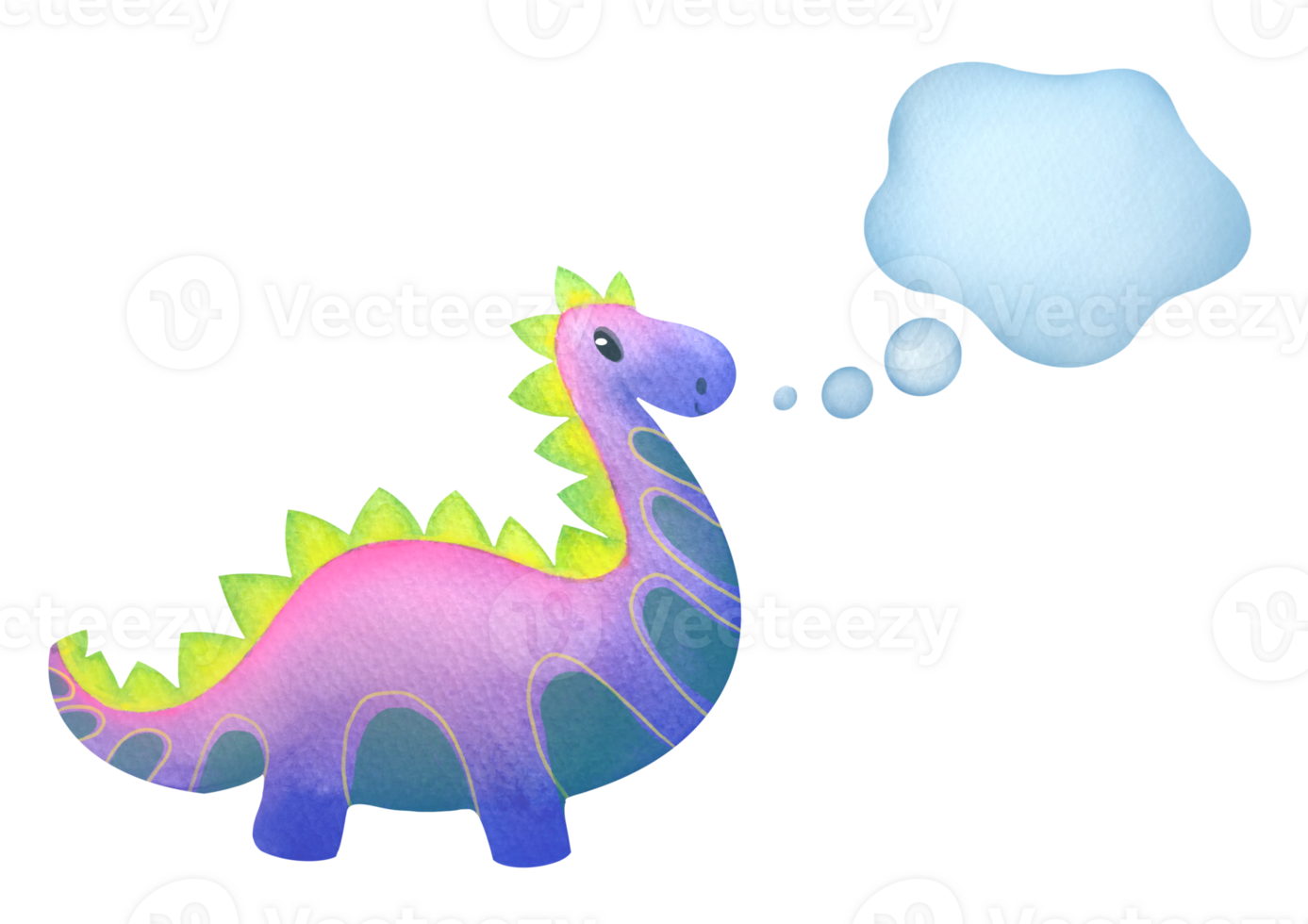 talking dinosaur in watercolor style, dialog cloud with empty copy space. Clipart speech bubbles with stains and children's cute character. dialogue thoughts, idea, dreams, replica Illustration png