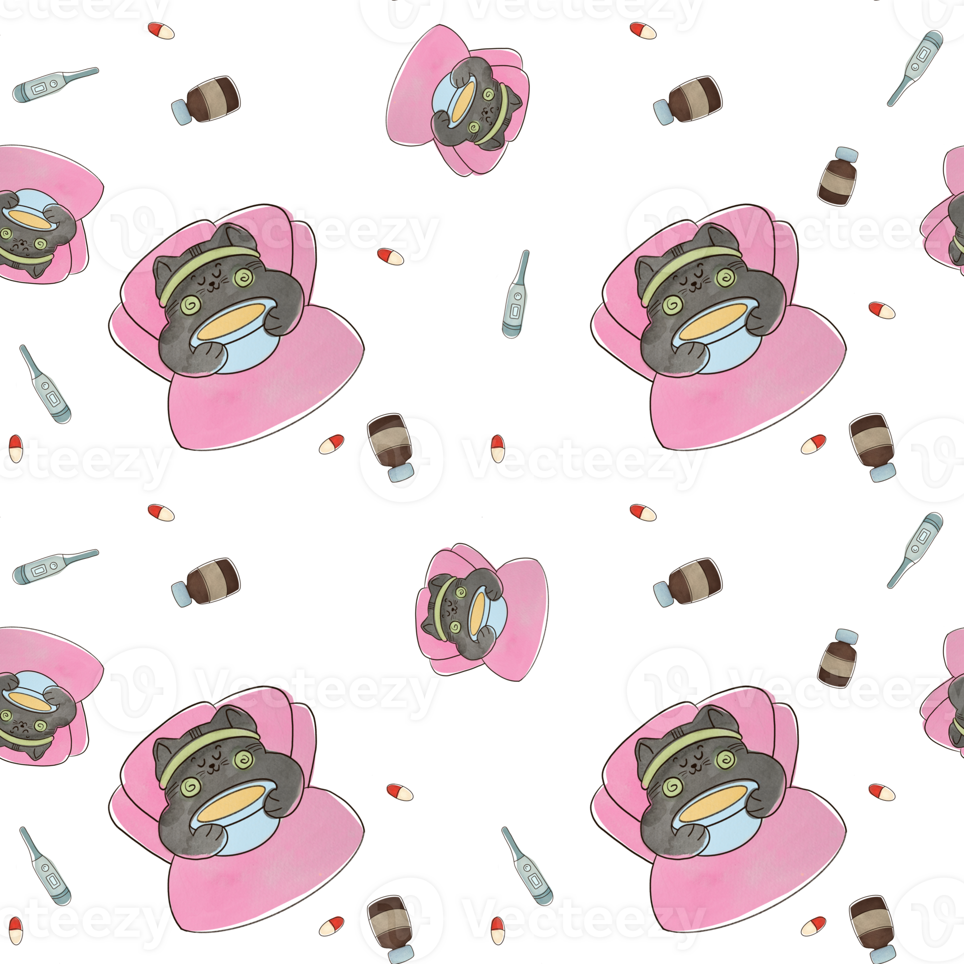 watercolor cat is sick and observes bed rest. Medicine elements