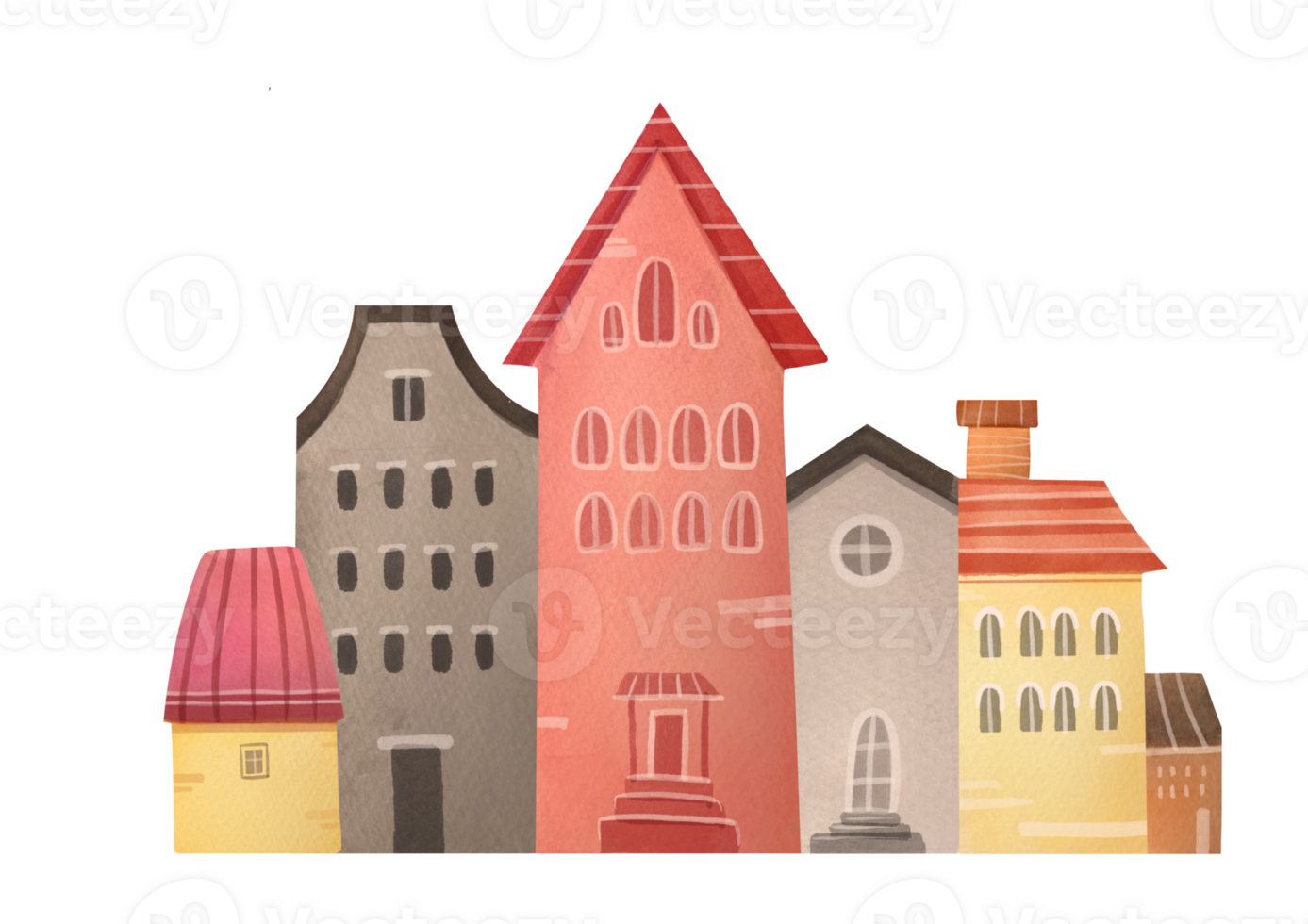 suburban stone European house set isolated on transparent background. Watercolor hand drawn illustration of winter vintage brick estate on old street. architecture, Cozy residence clipart and cutout png