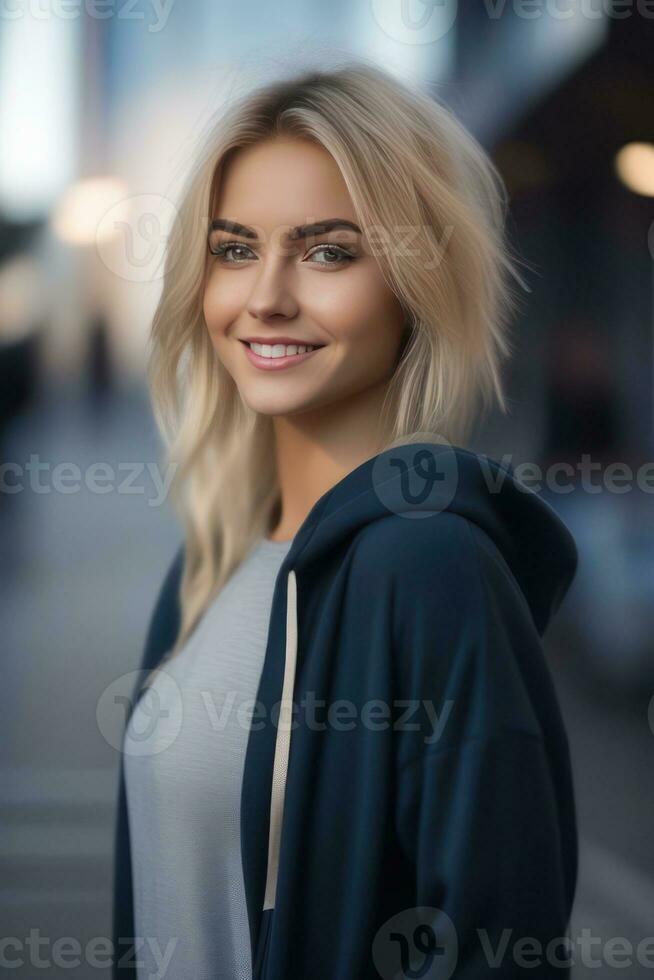 hermosa rubio joven mujer vistiendo suéter capucha permanecer y posando en ciudad calle. atención con Bokeh. generativo ai foto