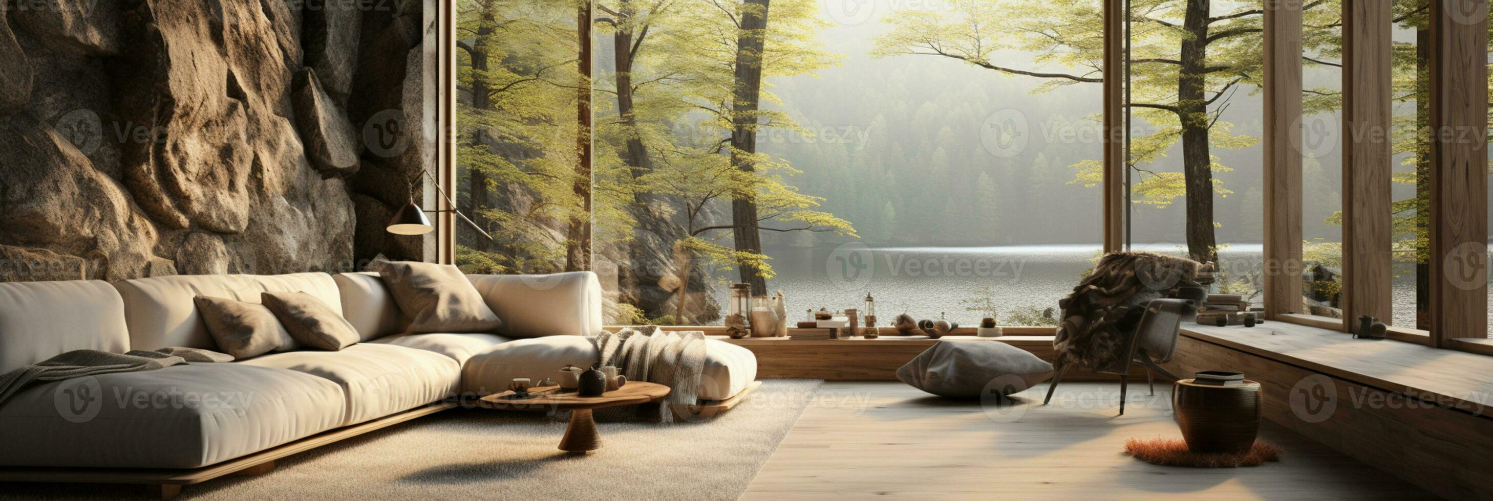 Interior Design, Minimalistic Living room with serene nature view, Beautiful villa design in the forest, AI Generative photo