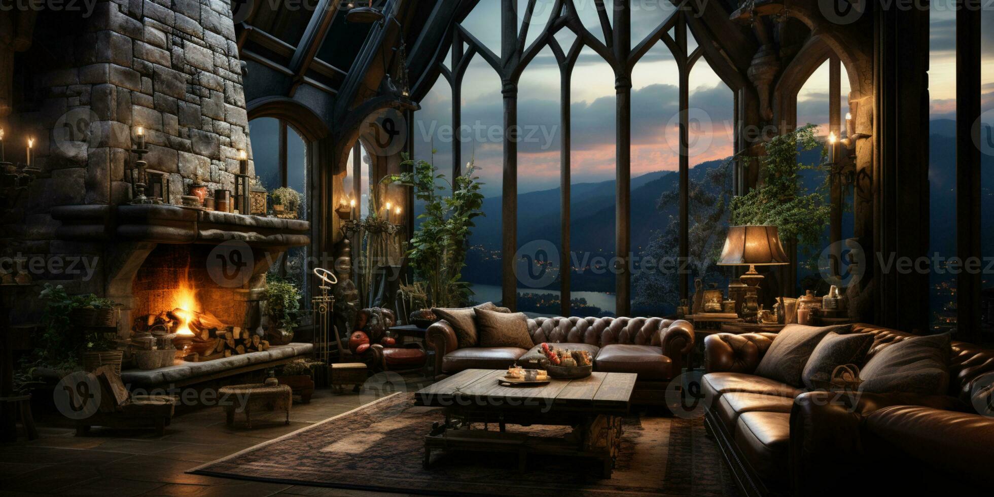 Interior Design, Beautiful Living room Gothic Style, Luxury Mansion, Elegant tall window, AI Generative photo