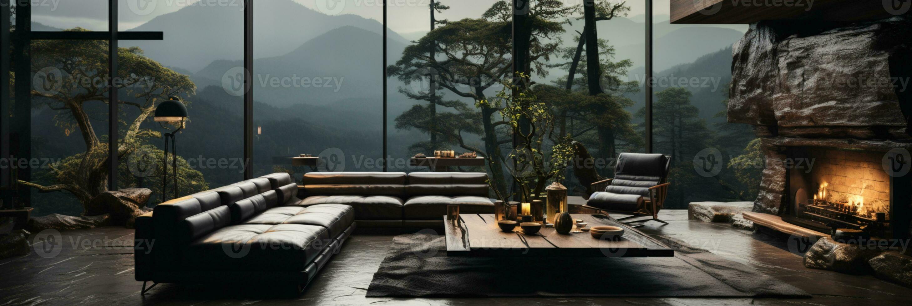 Interior Design, Living room with serene nature view, Beautiful mansion design in the forest, AI Generative photo