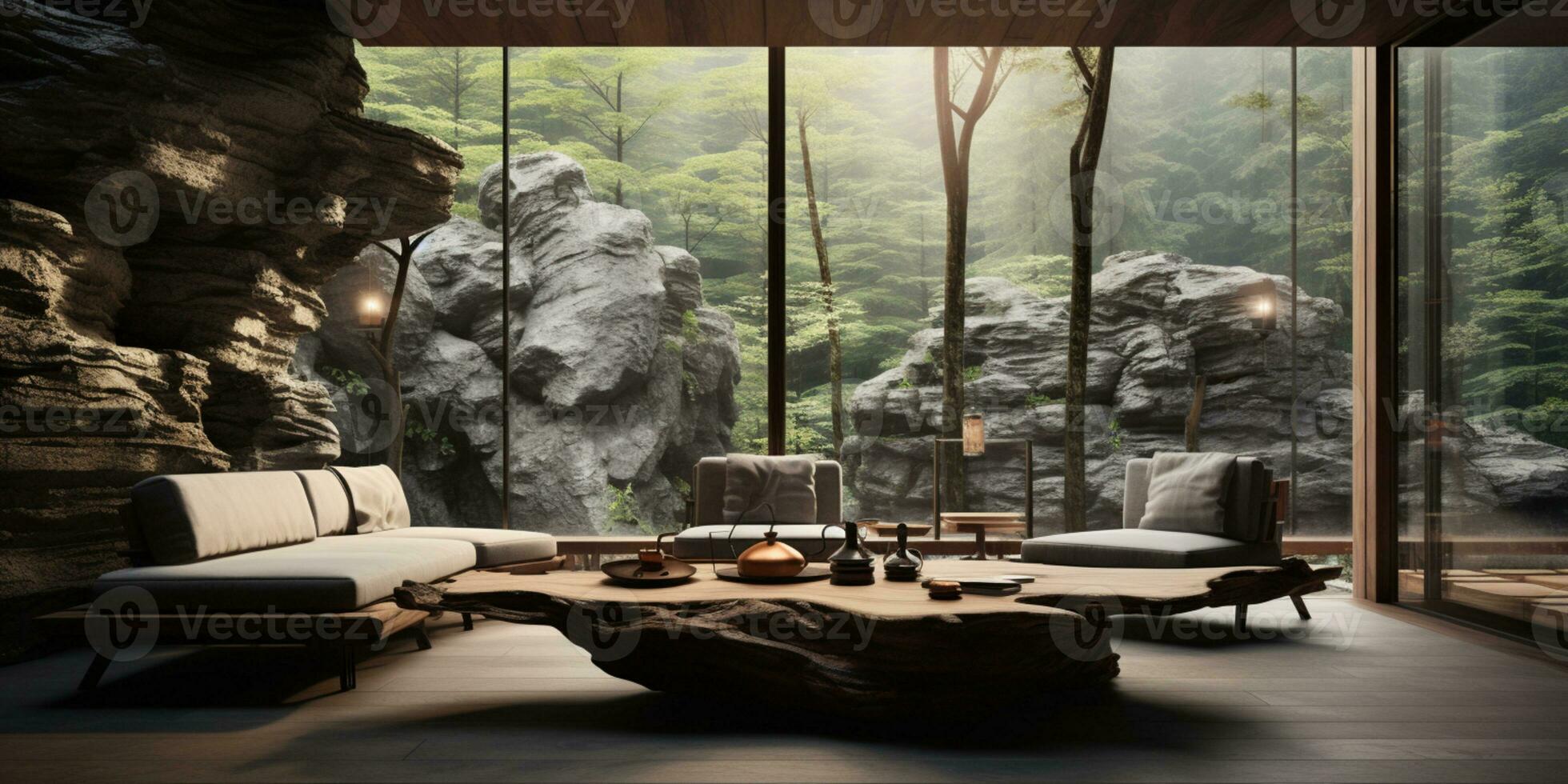 Interior Design, Living room with serene nature view, Beautiful mansion design in the forest, AI Generative photo