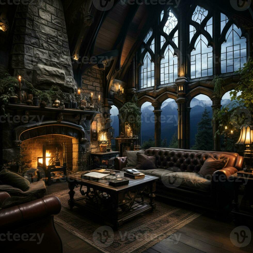 Interior Design, Beautiful Living room Gothic Style, Luxury Mansion, Elegant tall window, AI Generative photo