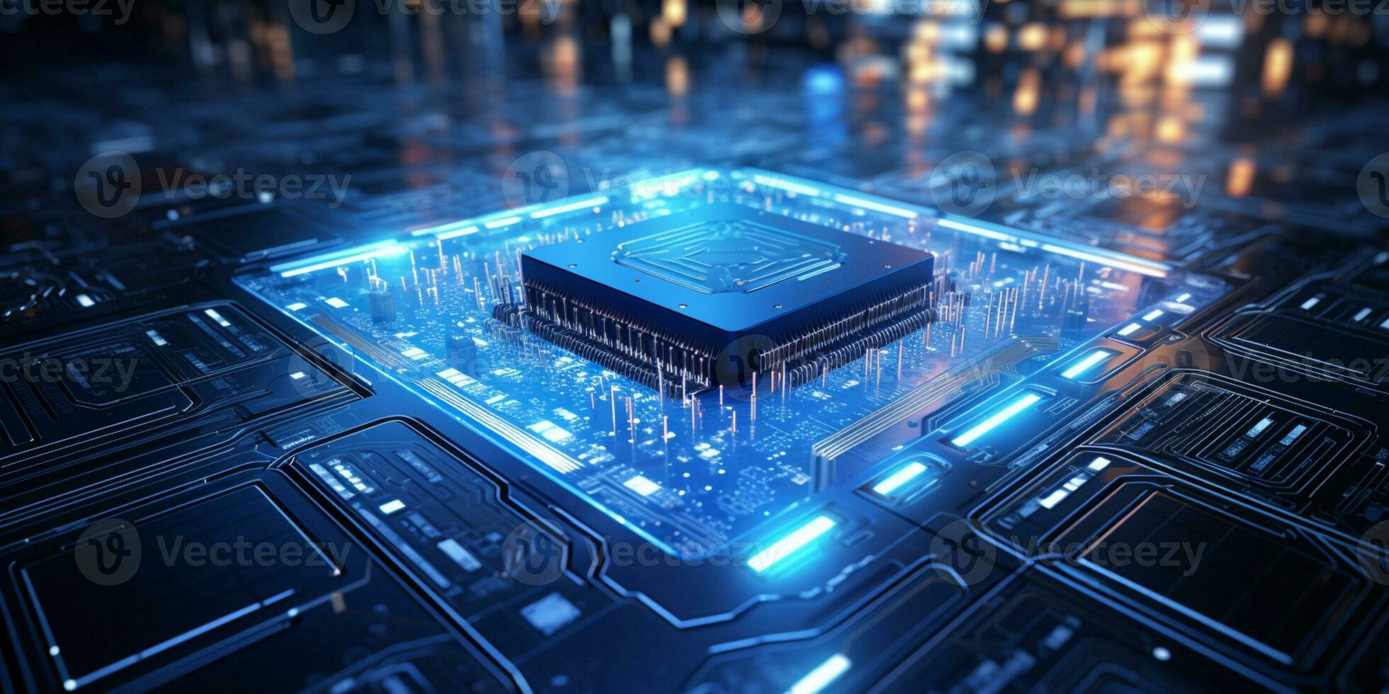 High-tech Computer chip close up shot, production of electronic, circuit board, futuristic design, extreme detail, AI Generative photo