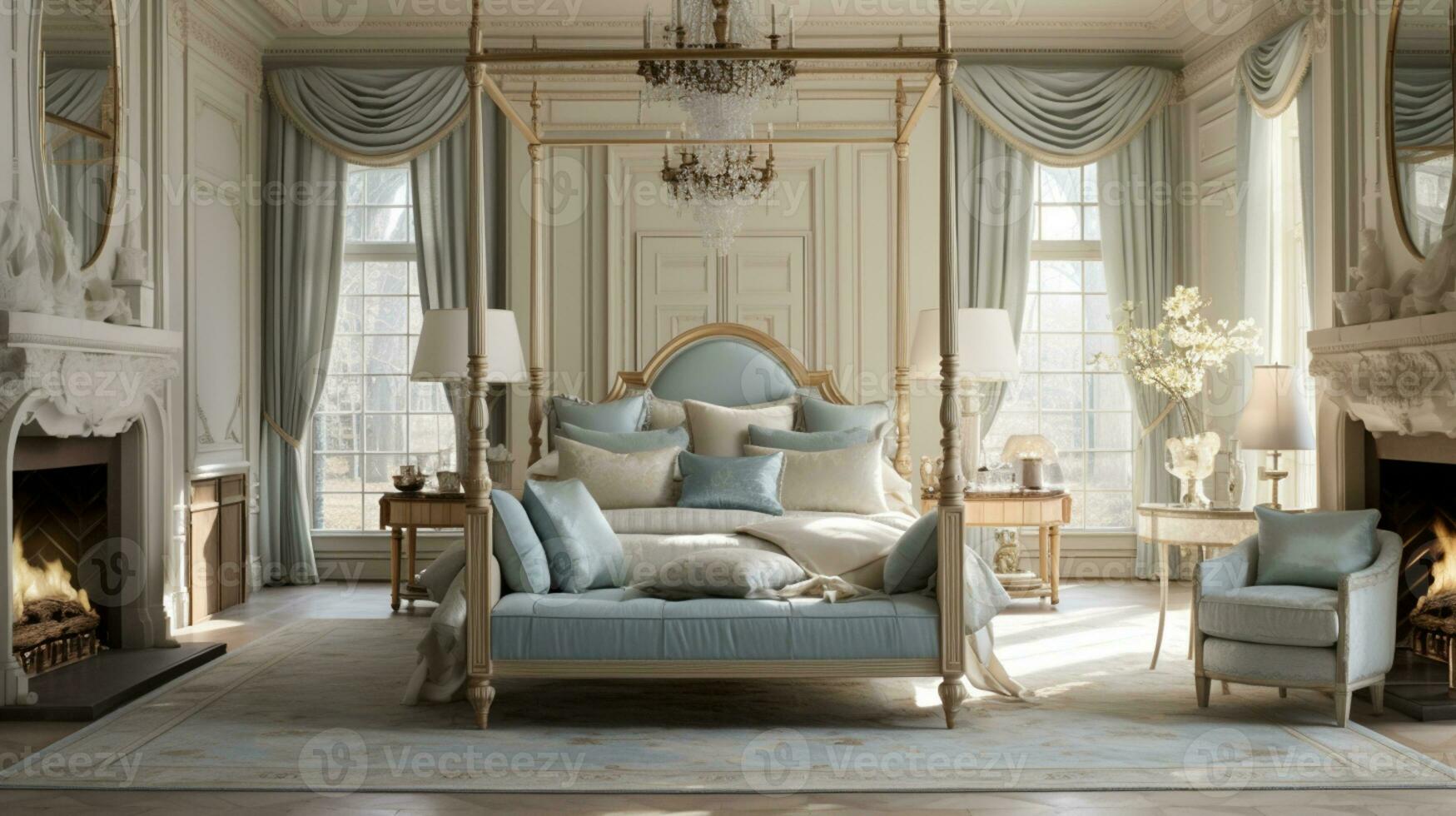 Luxurious furnished master bedroom suite, elegant interior design, modern house design concept, AI Generative photo