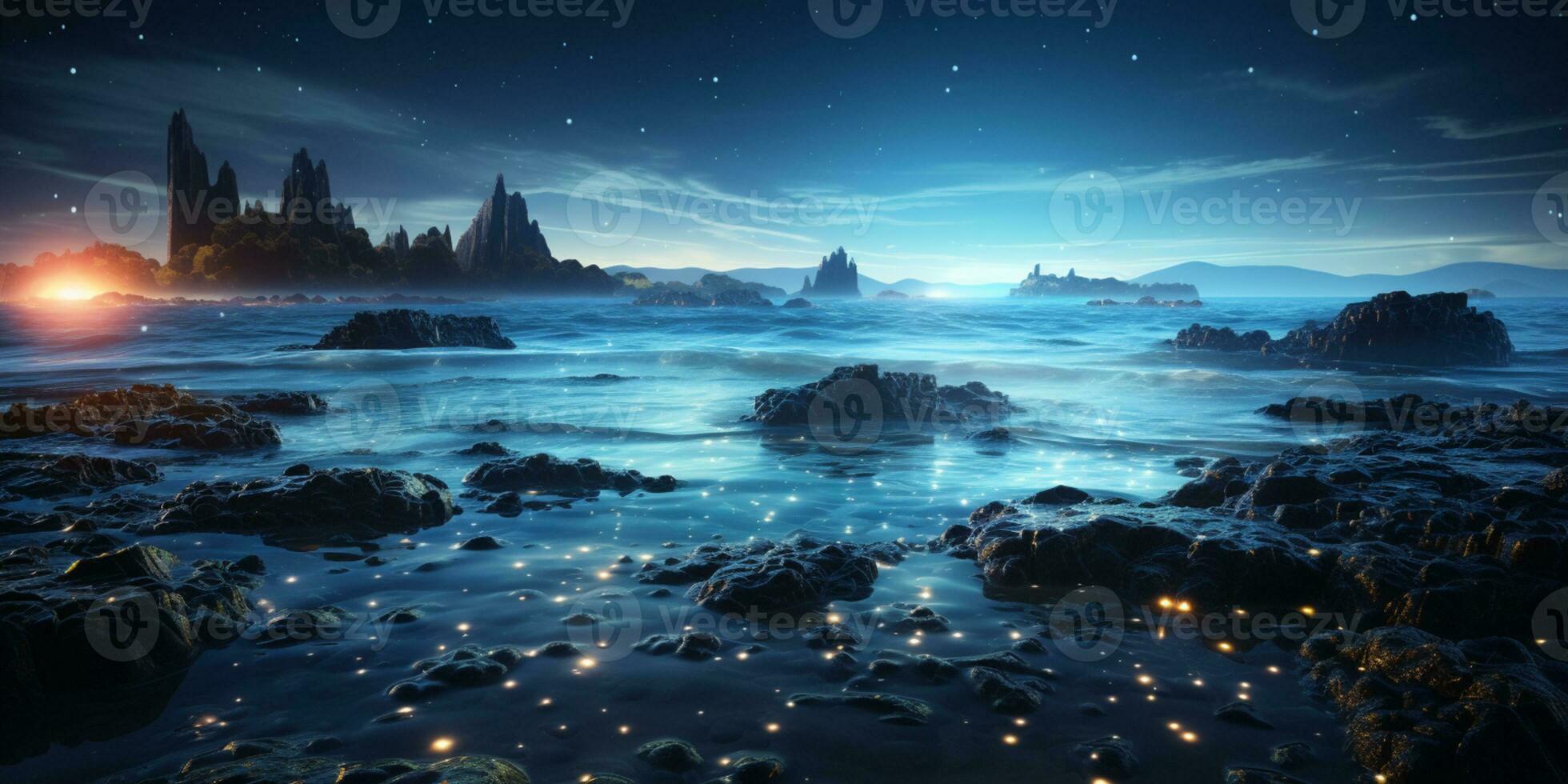Fantasy seascape, Night view of the ocean, glowing sea, Beautifully starry night sky, dreamy atmosphere, AI Generative photo