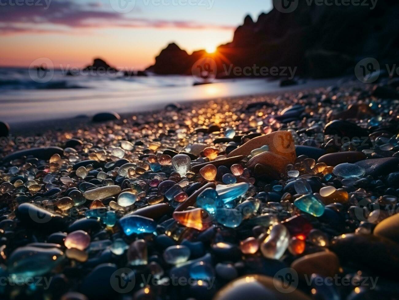 Beautiful Glass Beach, colorful pebbles, Fantasy seascape, dreamy atmosphere, AI Generative photo