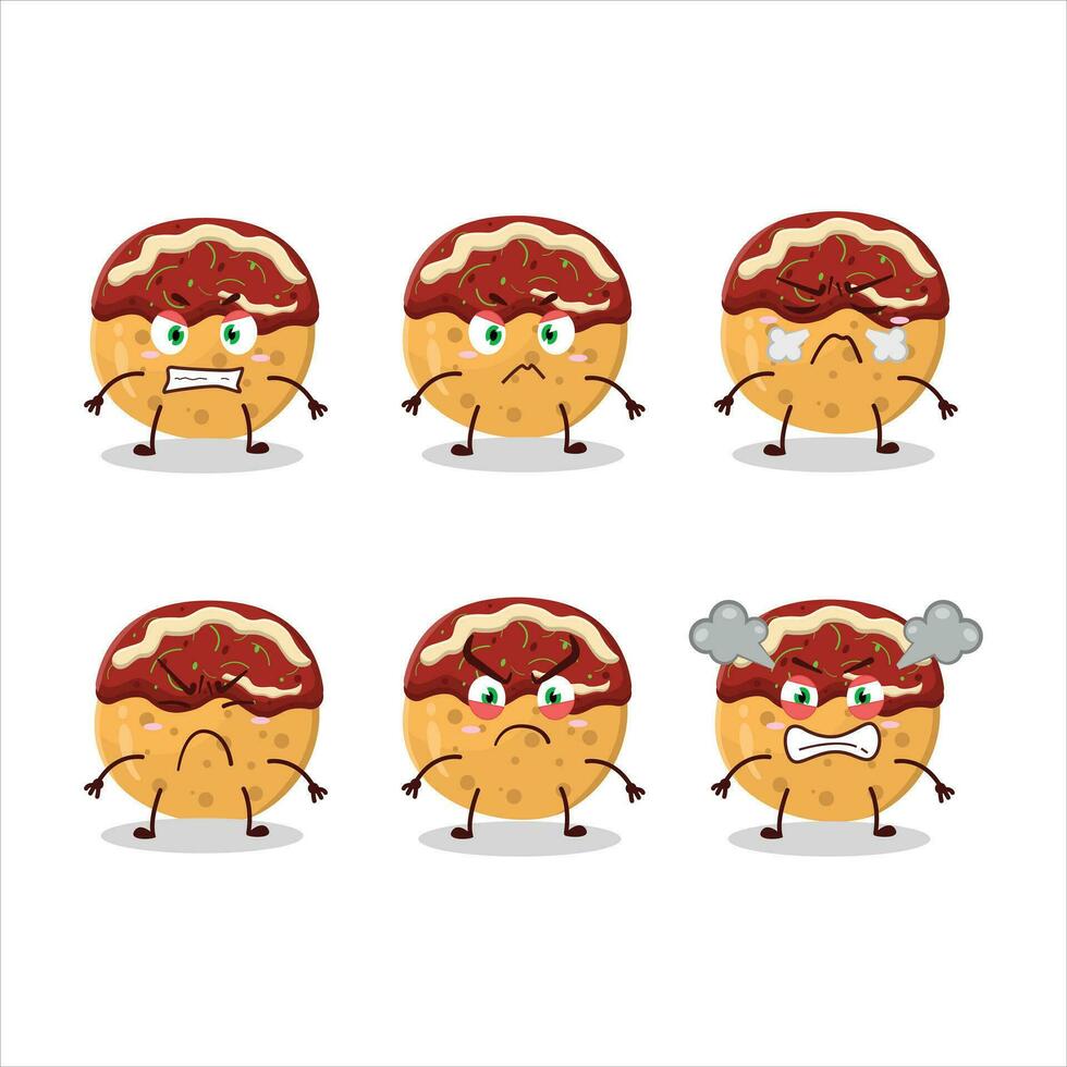 takoyaki dibujos animados personaje con varios enojado expresiones vector