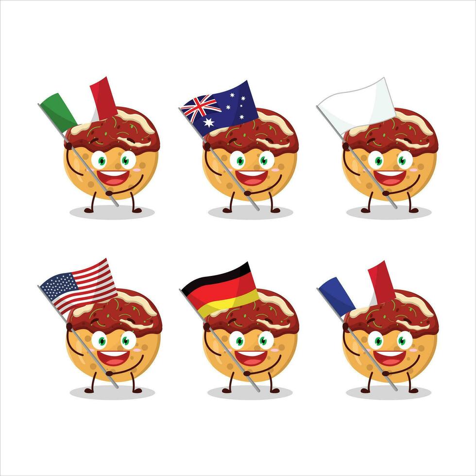 Takoyaki cartoon character bring the flags of various countries vector