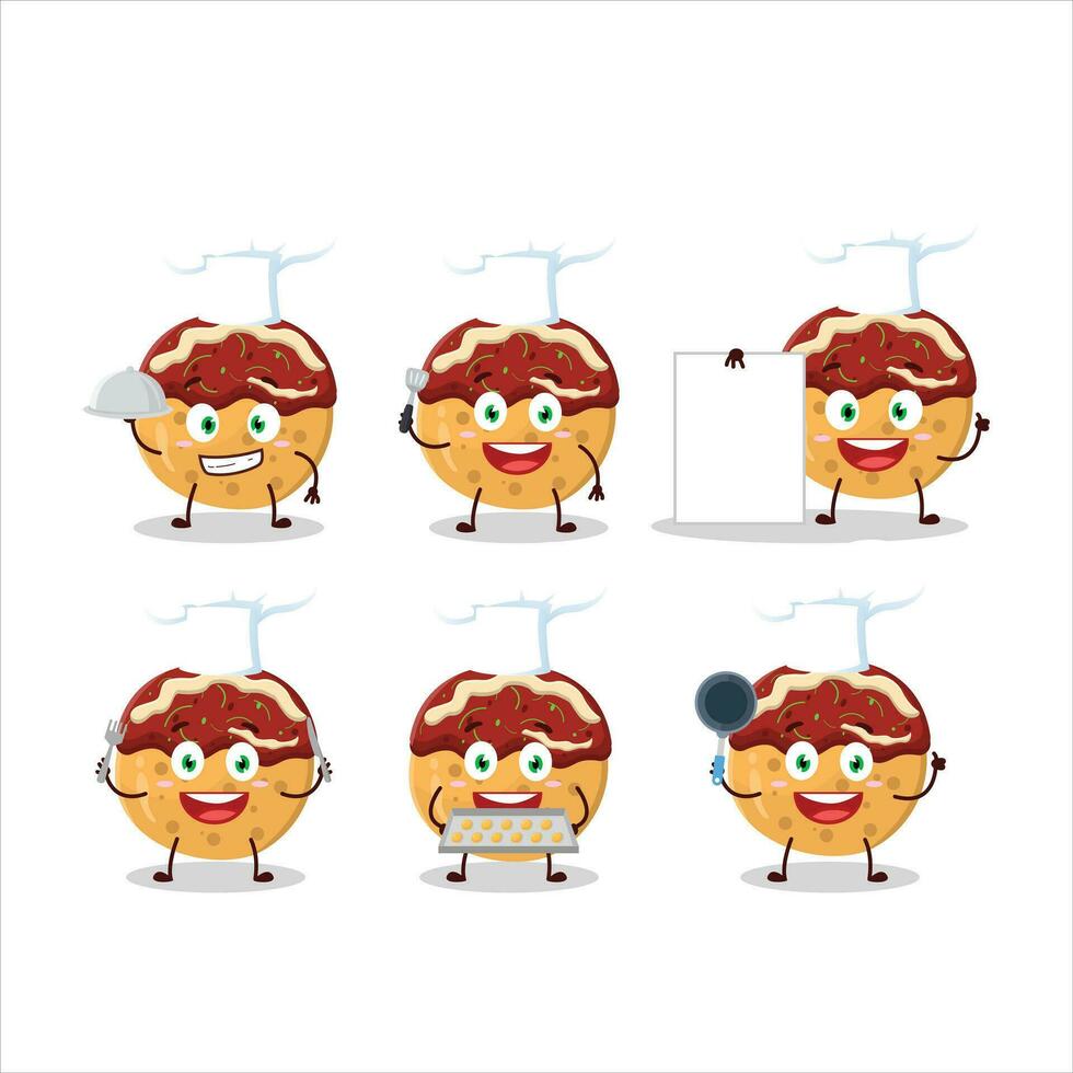 Cartoon character of takoyaki with various chef emoticons vector