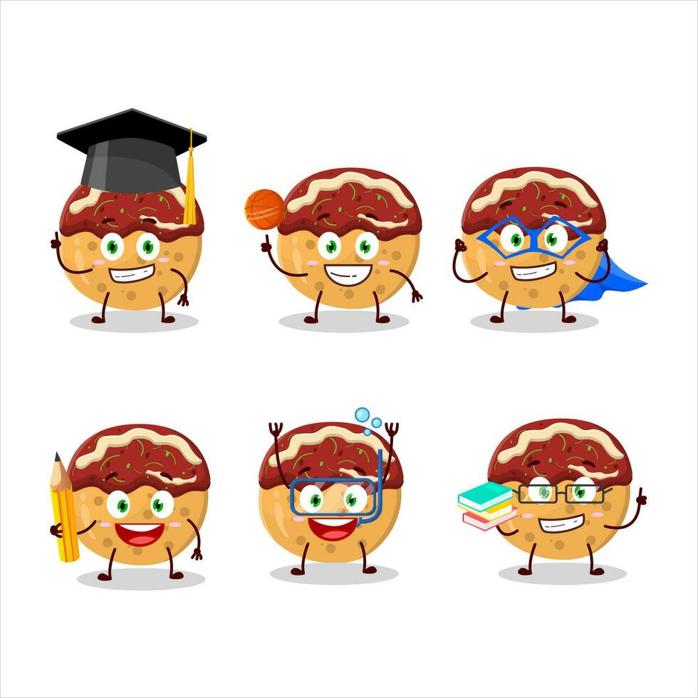 colegio estudiante de takoyaki dibujos animados personaje con varios expresiones vector