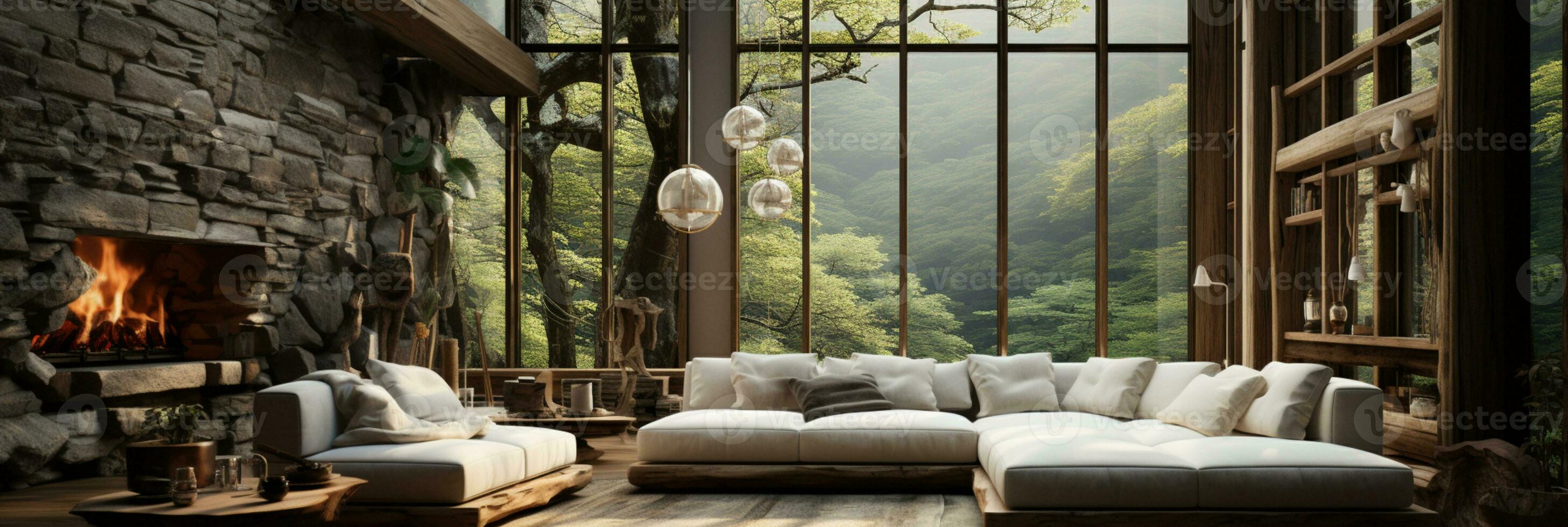 Interior Design, Minimalistic Living room with serene nature view, Beautiful villa design in the forest, AI Generative photo
