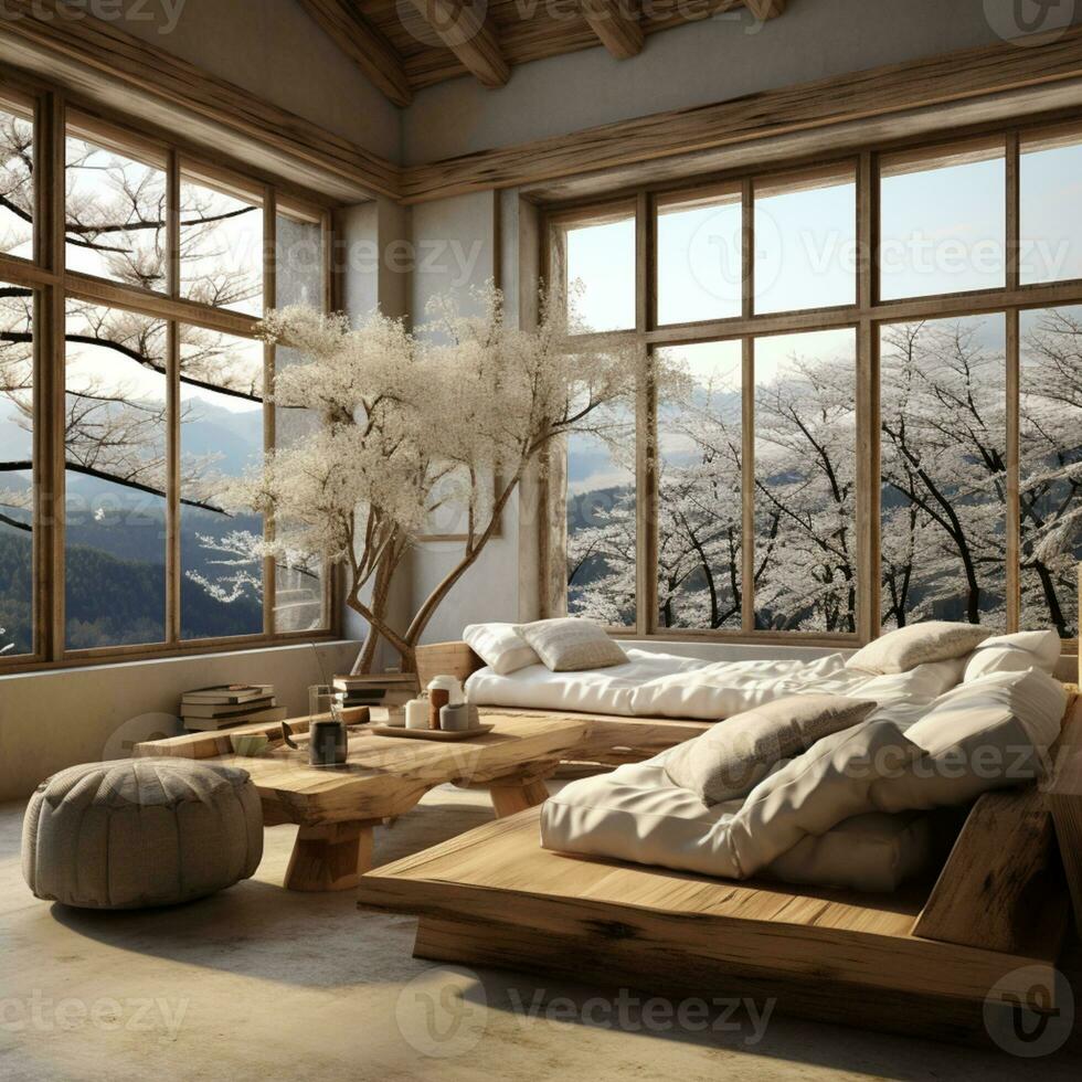 Interior Design, Minimalistic Living room with serene nature view, Beautiful villa design in the forest, AI Generative photo