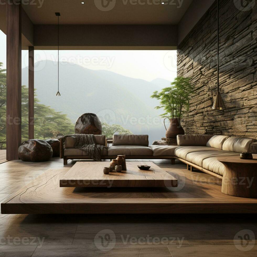 Interior Design, Living room with serene nature view, Beautiful mansion design in the forest, AI Generative photo
