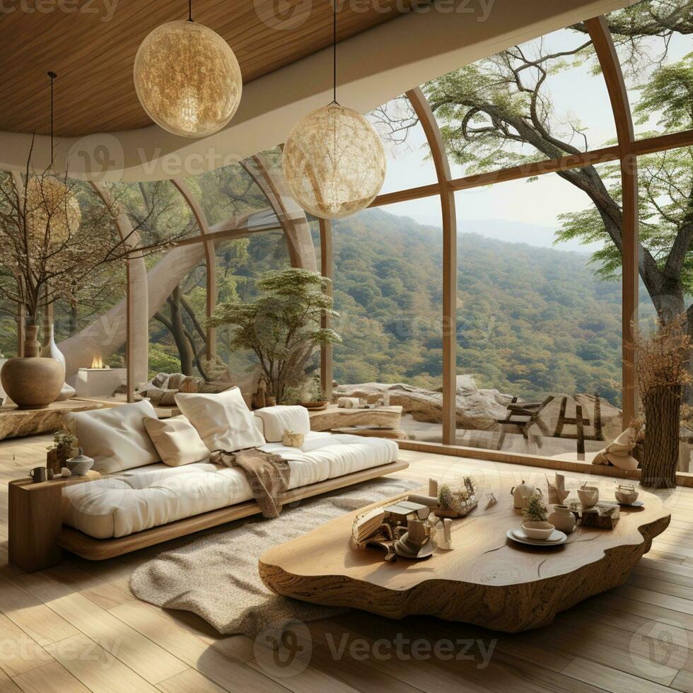 Interior Design, Minimalistic Living room with serene nature view, Beautiful villa design in the forest, AI Generative photo