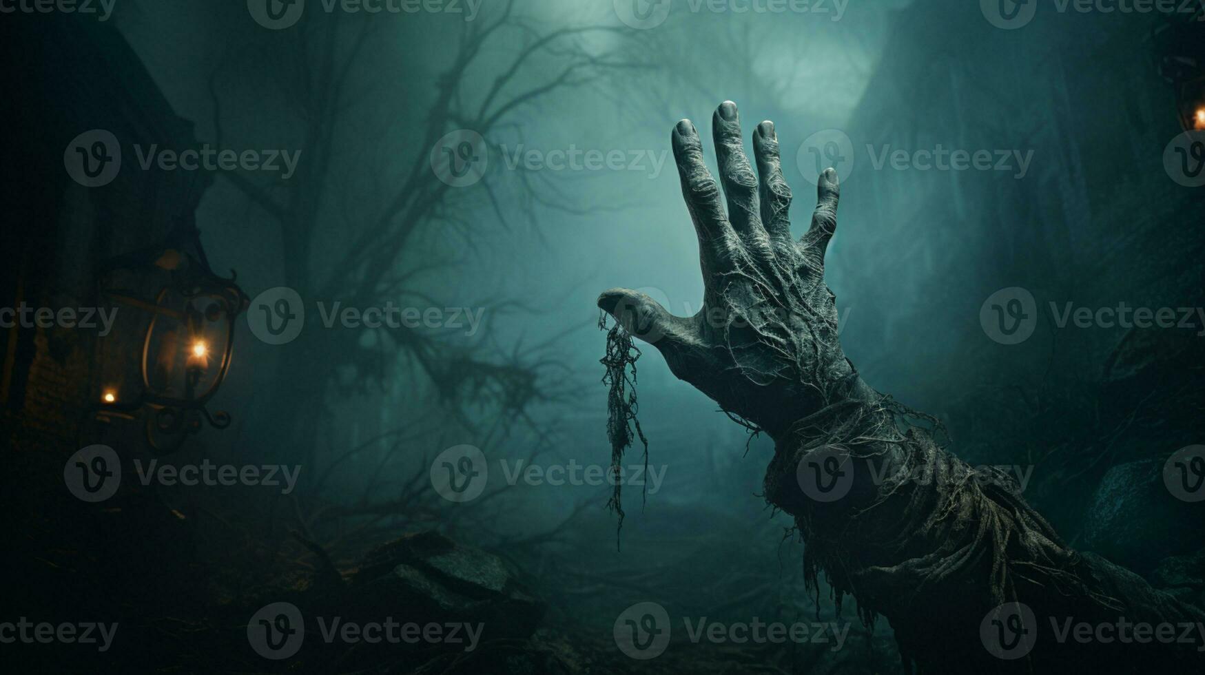 Ghost scenery Halloween background, Zombie Apocalypse, scary haunted cemetery, AI Generative photo