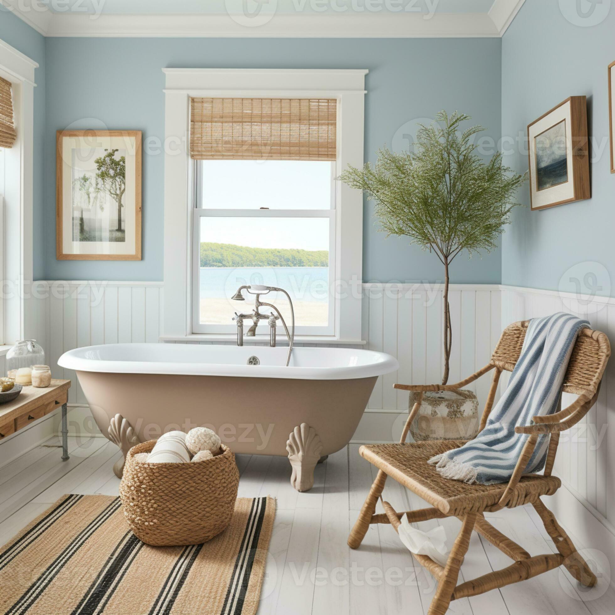 Bathroom in blue and white color, inspired beach design, AI Generative