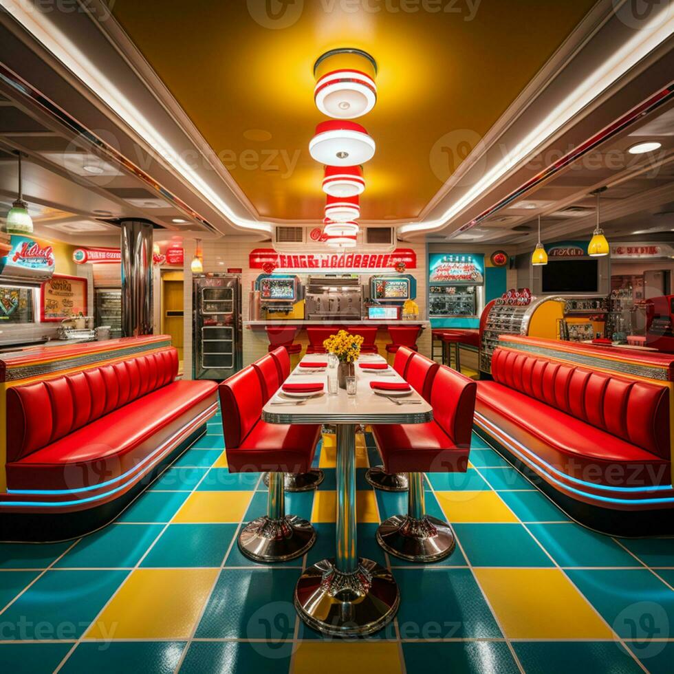 Retro vintage diner restaurant, interior design, stylish old fashioned design concept, AI Generative photo