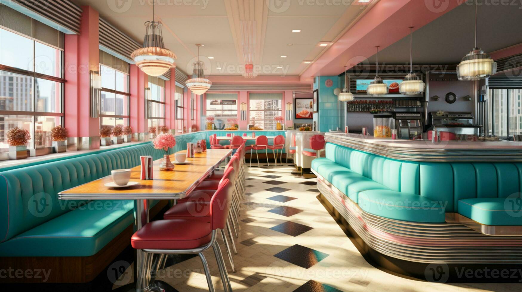 Retro vintage diner restaurant, interior design, stylish old fashioned design concept, AI Generative photo