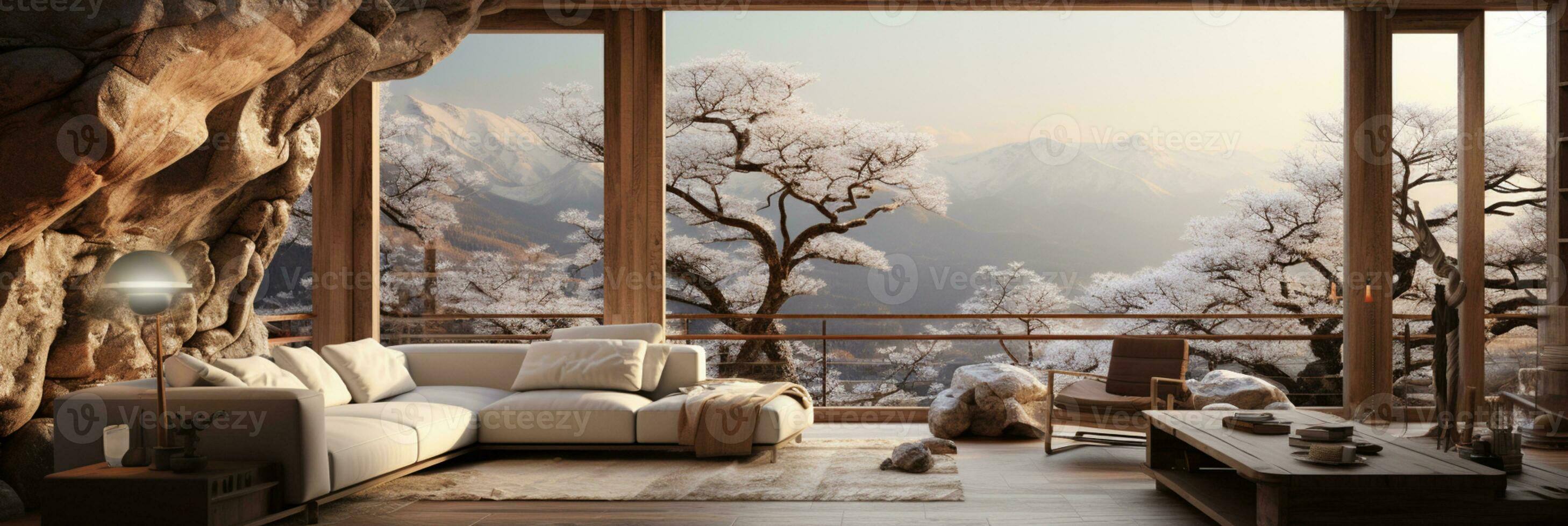 Interior Design, Minimalistic Living room with serene nature view, Beautiful villa design in the forest, AI Generative photo