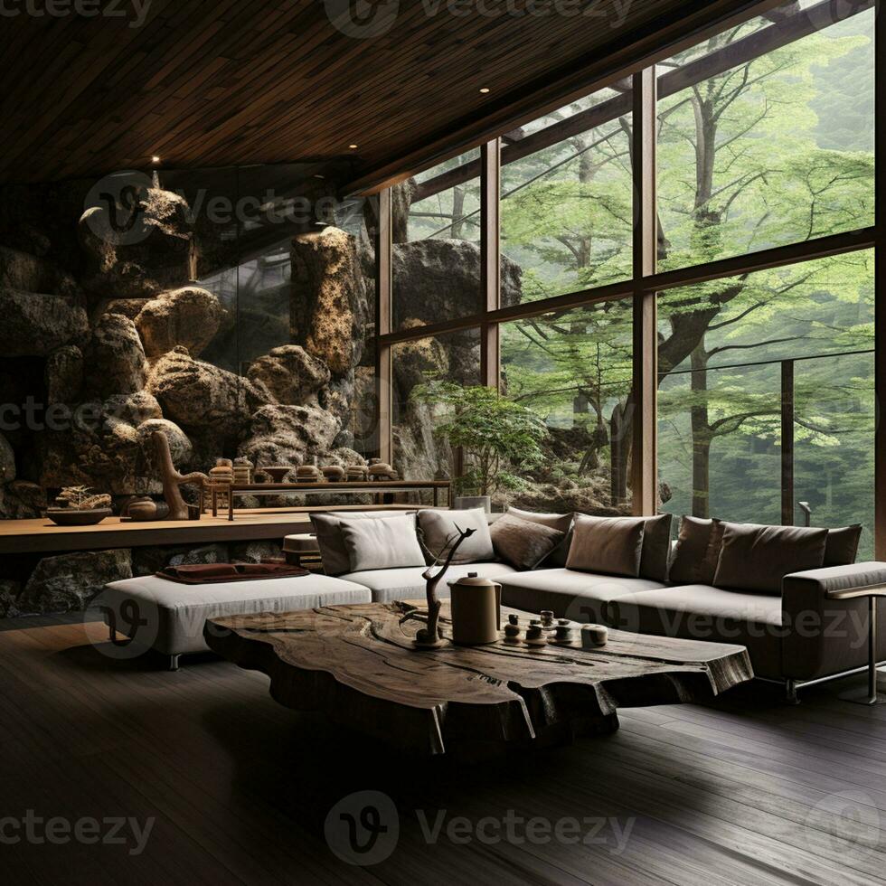 Interior Design, Living room with serene nature view, Beautiful mansion design in the forest, AI Generative photo